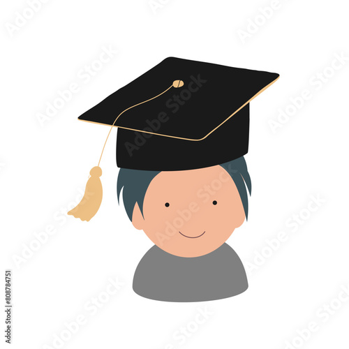 Happy cute little kid graduate from school. Smiling kindergarten boy in graduate hat. Vector icon. © Toltemara