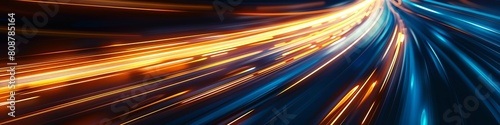 Abstract background of blue and orange light rays with a digital data stream in the center. The background shows streaks and lines moving fast in the style of digital technology