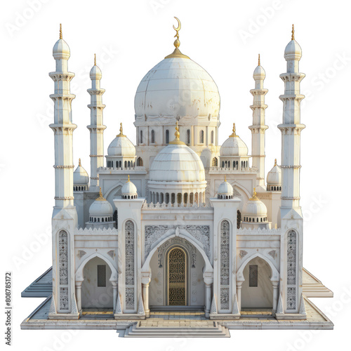3D rendering of an intricate mosque with multiple domes and minarets, isolated on a transparent background with a PNG cutout or clipping path.