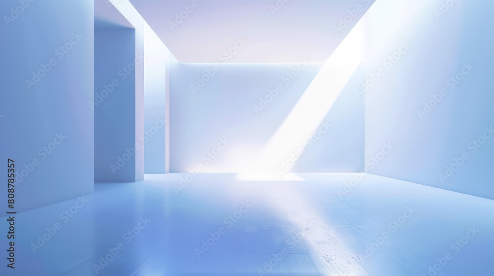 Aesthetic minimalist empty light blue room background with sun rays and shadows. Copy space. Mockup. Generative AI