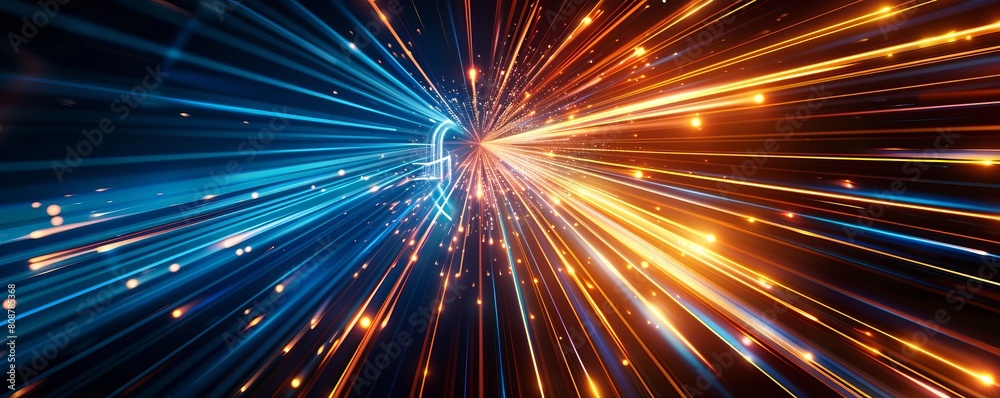 Abstract background of blue and orange light rays with a digital data stream in the center. The background shows streaks and lines moving fast in the style of digital technology