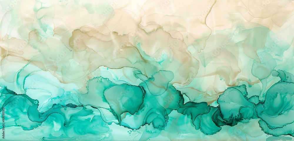 Warm beige and cool aqua abstract painting with alcohol ink and highly-textured oil paint. Warm beige and cool aqua abstract painting with alcohol ink and highly-textured oil paint.