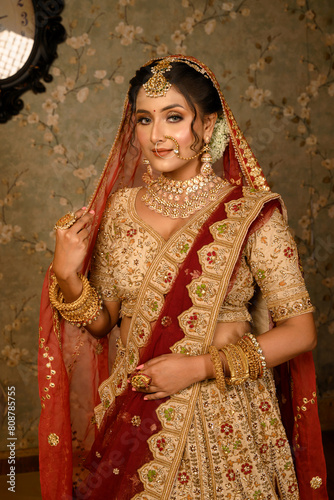 Stunning Indian bride dressed in traditional bridal lehenga with heavy gold jewellery and veil smiles tenderly in studio lighting. Wedding fashion and lifestyle.