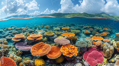 A panoramic view of a thriving coral reef, where the entire scene is dominated by the bright persimmon color of healthy coral, offering a window into the vibrant biodiversity of marine life.