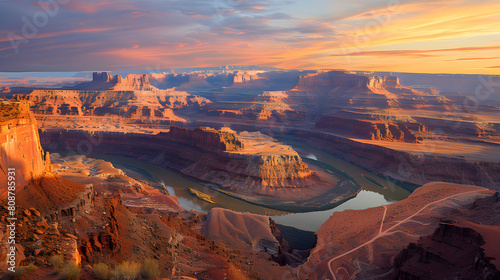 A photo featuring a rugged canyon landscape carved by winding rivers. Highlighting the sheer cliffs and winding waterways  while surrounded by desert flora and fauna