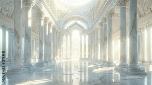 Majestic White Marble Hall with Sunlight Streaming Through Columns