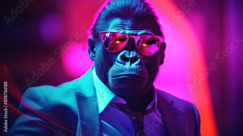 Gorilla with colorful neon retrowave background.
