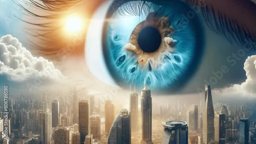 Masonic symbol, all-seeing eye above modern city with skyscrapers. World government, conspiracy concept, Generative AI photo