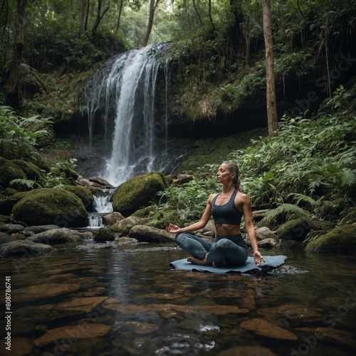 "Evoke the feeling of serenity with a yogi practicing restorative yoga poses by a tranquil waterfall in a lush forest." 