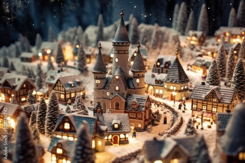 Miniature Christmas village houses and snowfall. Festive background.
