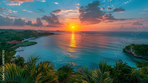 A panoramic vista from the top of a tropical island hill, capturing the sunrise in magnificent apricot hues that spread across the sky and sea, blending seamlessly with the horizon.