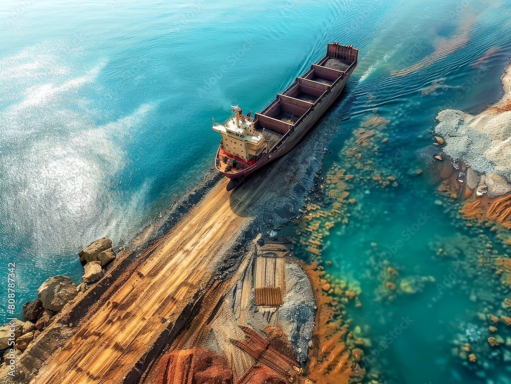 A large ship is traveling through a body of water with a rocky shoreline