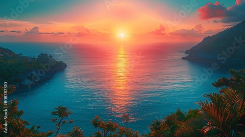 A panoramic vista from the top of a tropical island hill, capturing the sunrise in magnificent apricot hues that spread across the sky and sea, blending seamlessly with the horizon. #808787310