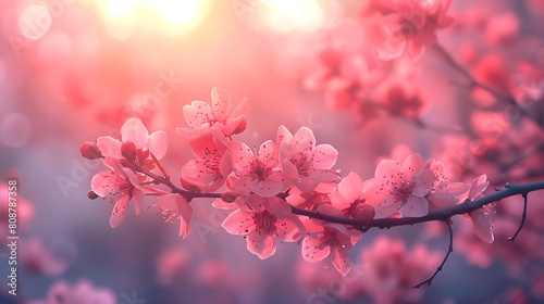 A photographic approach to whispering blossoms, capturing the soft focus of floral silhouettes against a diffused pink sky at twilight.