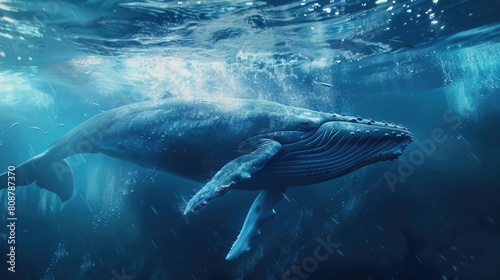 A blue whale swims gracefully through the deep blue ocean. AIG51A. © Summit Art Creations