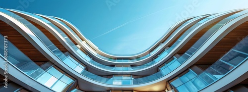Reworked underside view of curvilinear balconies Modern architecture seen from low angle Hirise building exterior Modular architectural structure of multistory house Round geometri photo