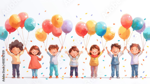 Happy children with balloons on a white background.