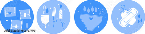 Woman menstruation cycle icons collection. Periods pad. Menstrual cup, tampon. Feminine, sanitary pad for critical days. Care of hygiene during menstruation. Blue color. Abstract vector illustration.