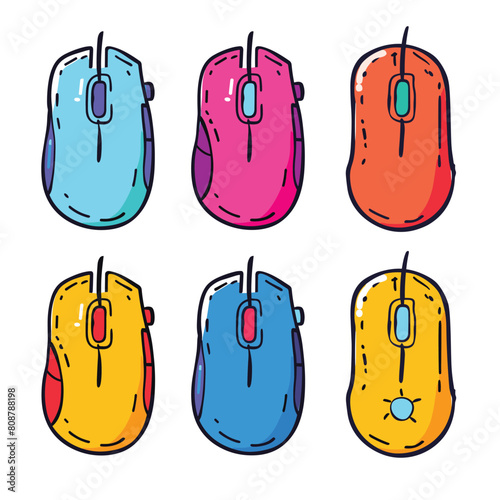 Six colorful computer mice arrayed two rows three, illustrated unique bright color blue, pink, red, yellow, dark blue, orange. Cartoonish style depicting electronic devices used navigating clicking
