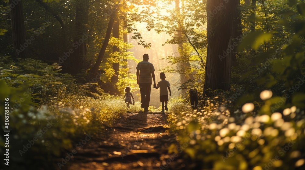 A woman and child stroll through a forest, hand in hand, amidst trees, plants, and natural woodland landscape. AIG41