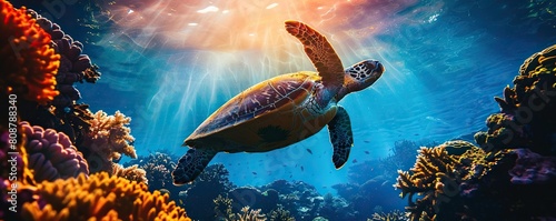 summer background with sea turtle in the ocean photo
