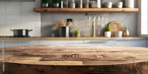 Wooden tabletop on Elegant modern kitchen background