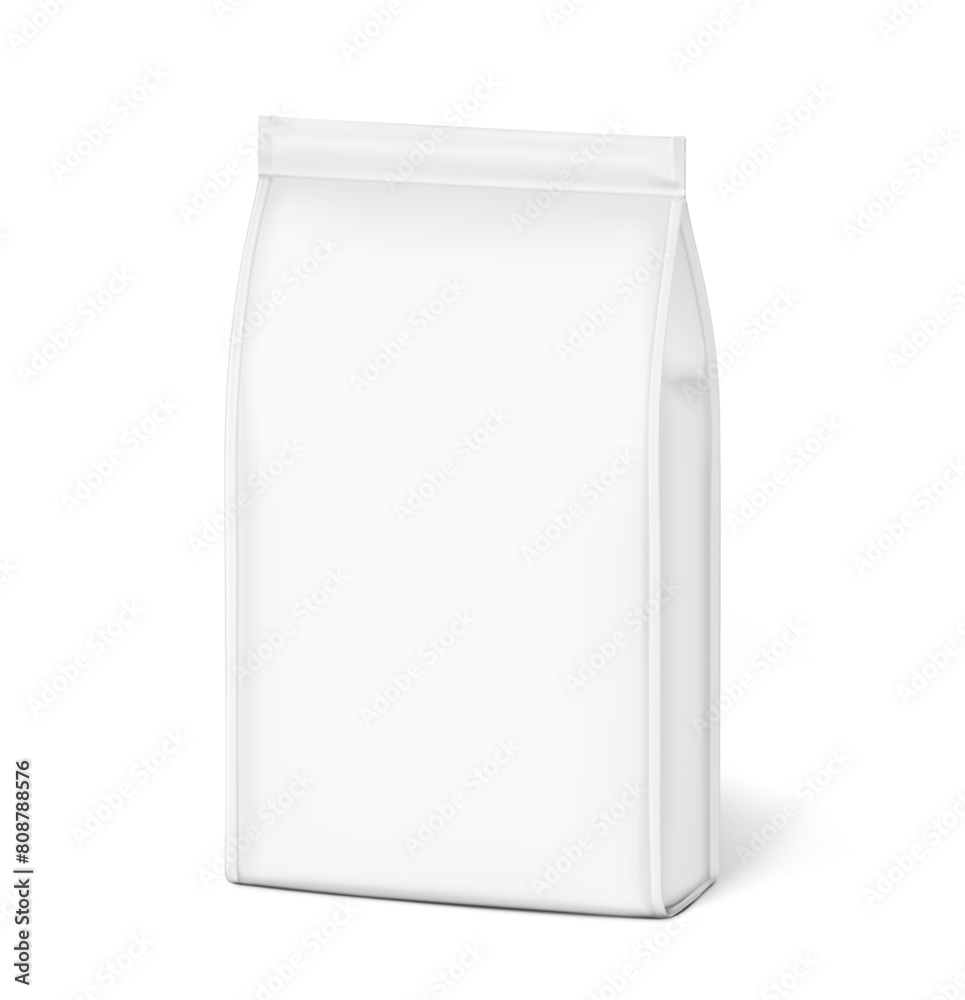 Vertical bag mockup. Flat bottom gusset bag. Half side view. High realistic. Vector illustration isolated on white background. Ready for use in presentation, promo, advertising and more. EPS10.