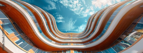 Reworked underside view of curvilinear balconies Modern architecture seen from low angle Hirise building exterior Modular architectural structure of multistory house Round geometri photo