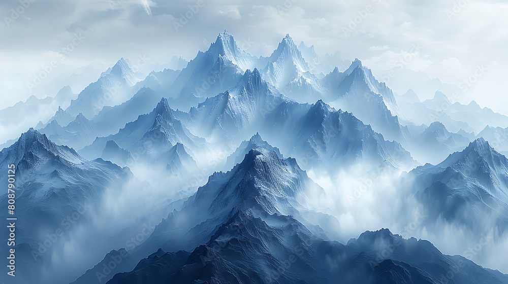 A photorealistic view of towering mountains shrouded in mist, with the peaks appearing as silhouettes in a spectrum of grays against a soft sky.