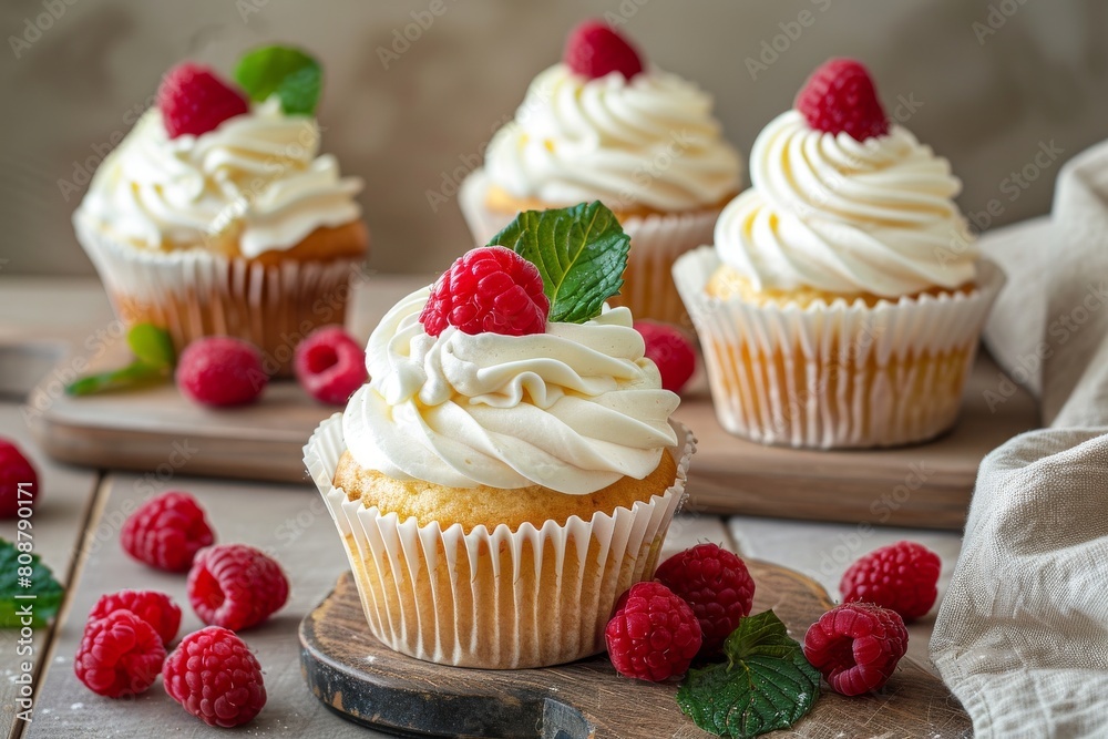 Indulge in the irresistible sweetness of raspberry-topped cupcakes with decadent whipped cream frosting. Indulge in the irresistible sweetness of raspberry-topped cupcakes with decadent whipped cream frosting.
