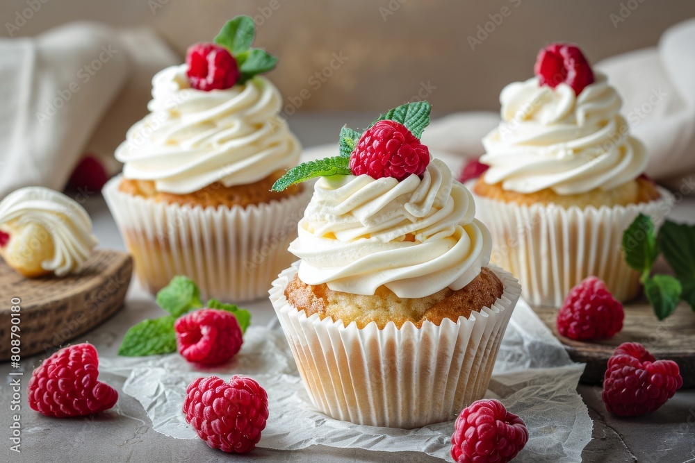 Indulge in these mouthwatering cupcakes topped with fluffy whipped cream and garnished with fresh raspberries. Indulge in these mouthwatering cupcakes topped with fluffy whipped cream and garnished with fresh raspberries.