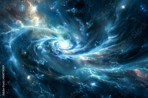 A blue and white space with a spiral galaxy in the center