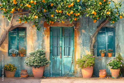 An old house facade with wooden door  windows  potted plants and orange tree above it.