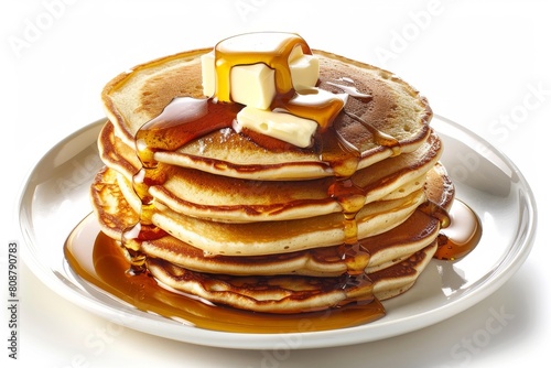 Indulge in a heavenly stack of fluffy pancakes, generously topped with sweet syrup and melting butter.