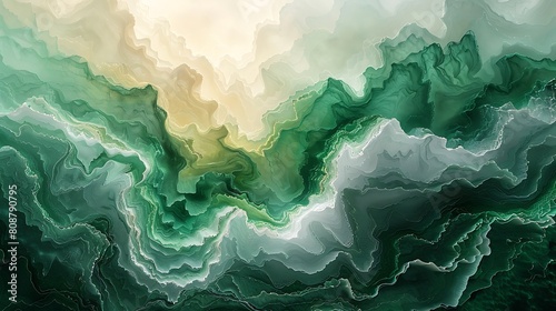 A serene fluid art painting, layers of various shades of green cascading smoothly to depict the essence of growth and vitality. photo