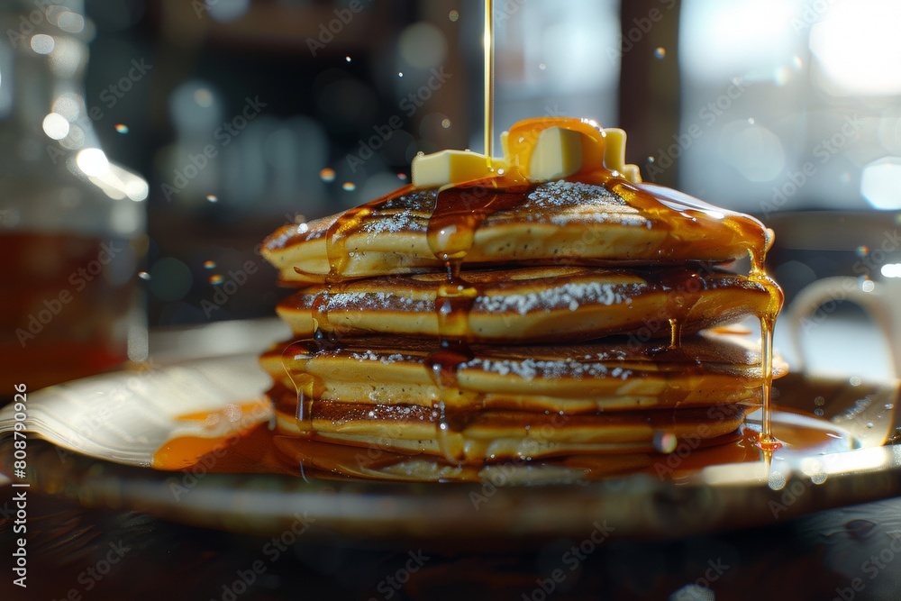 Indulge in a mouthwatering stack of fluffy pancakes, drizzled with sweet syrup and adorned with a generous pat of butter. Indulge in a mouthwatering stack of fluffy pancakes, drizzled with sweet syrup and adorned with a generous pat of butter.