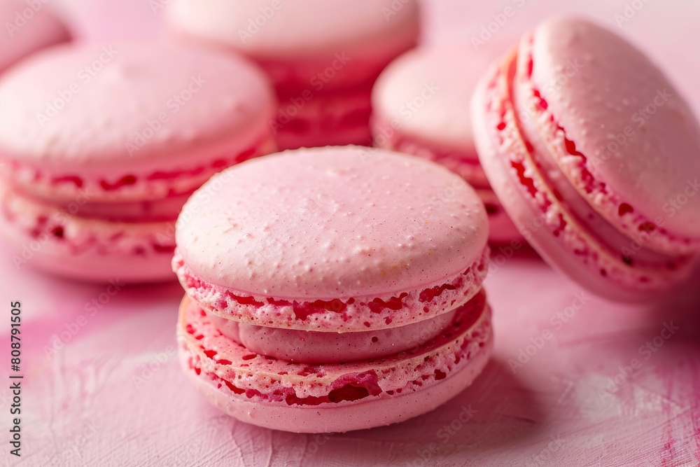 Indulge in the delicate French dessert of pink strawberry macarons, perfect for a delightful breakfast in the morning light. Indulge in the delicate French dessert of pink strawberry macarons, perfect for a delightful breakfast in the morning light.