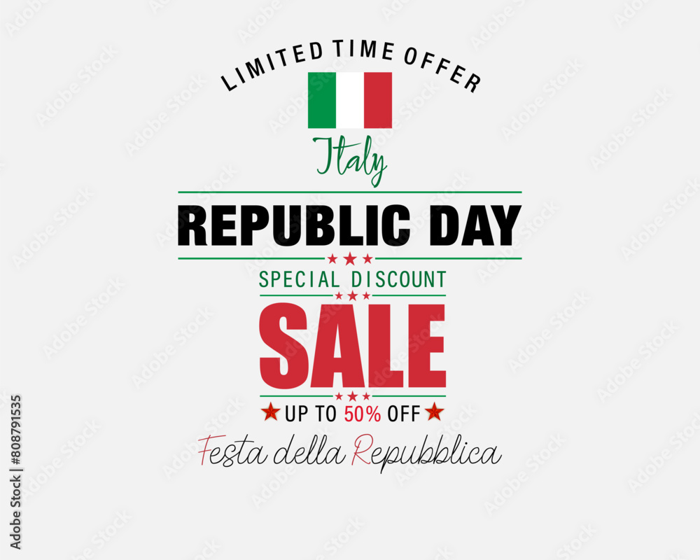 Festa della Repubblica = Republic Day;
Holiday design, background with handwriting texts and national flag colors for second of June, Republic day holiday, sales and commercial events in Italy. Vector