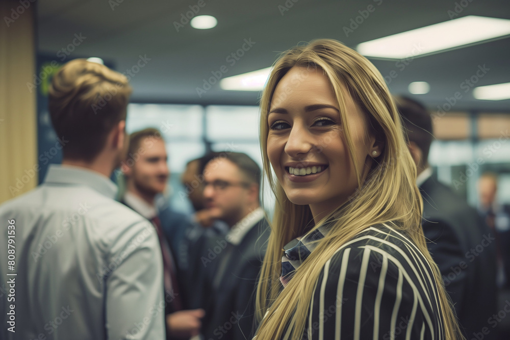 blonde girl doing public speaking. black and white striped shirt, long blonde hair, public speaking confidence photo. blonde girl doing public speaking. black and white striped shirt, long blonde hair, public speaking confidence photo.