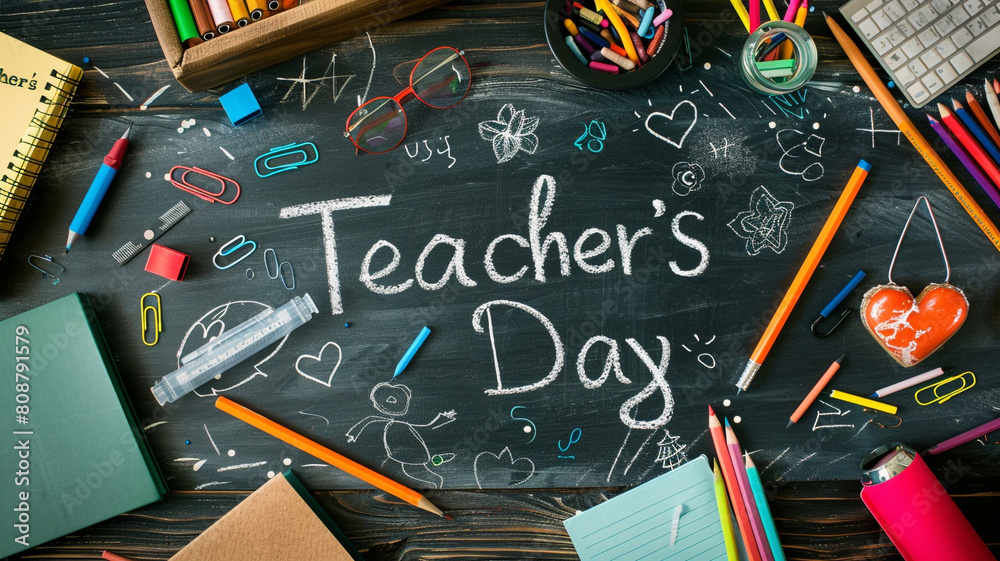Teachers Day text written on chalkboard with school supplies around Teachers Day text written on chalkboard with school supplies around