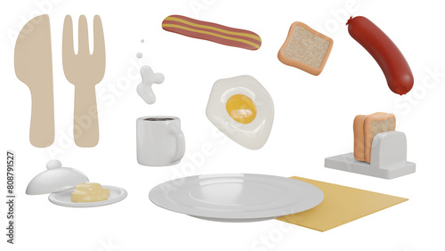 breakfast food 3d realistic render 3d render icon set. coffee, egg, sauce, fork, knife, plate