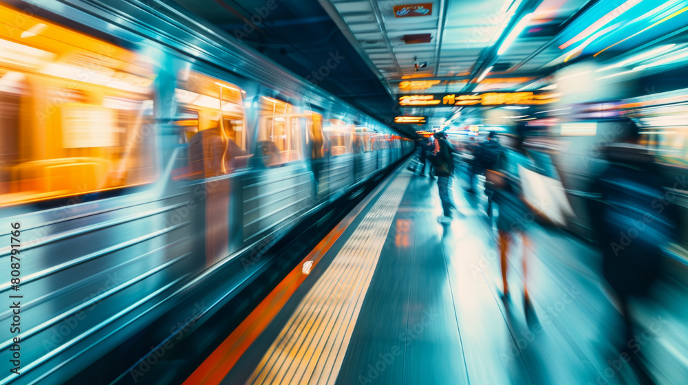 Dynamic blur of a subway station with moving train and commuters, encapsulating urban motion.