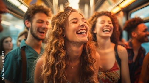 A group of friends laughing together on a crowded on a bus photo