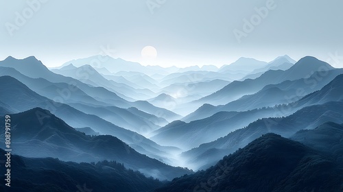 A serene panorama of misty mountains, with layered silhouettes fading into varying shades of gray, capturing the quiet majesty of a mountain range at dawn.