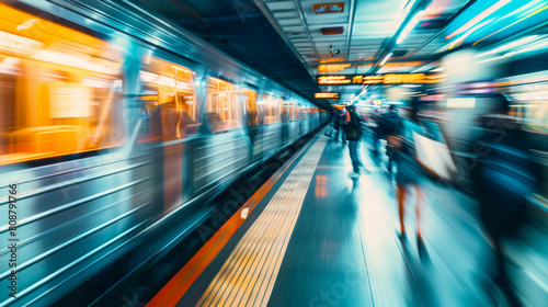 Dynamic blur of a subway station with moving train and commuters  encapsulating urban motion.