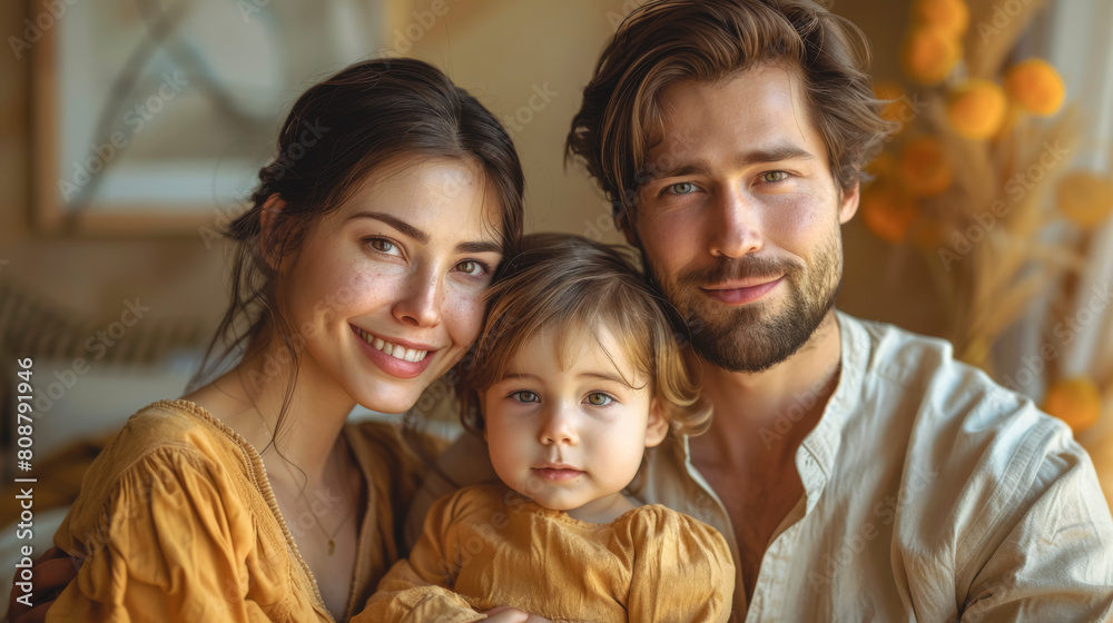 Portrait of a young family, mom, dad and little child together. Portrait of a young family, mom, dad and little child together.