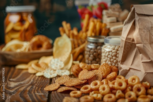 Indulge in the goodness of organic snacks with this tempting selection showcased in a closeup view of a paper bag.