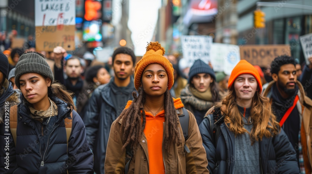 A group of young people at an environmental rally, holding signs and walking down the street in New York City.