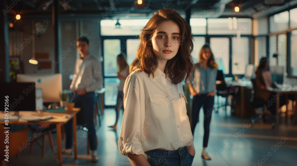 A contemplative young woman stands out in a busy office environment. A contemplative young woman stands out in a busy office environment.