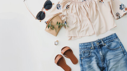 Trendy summer fashion essentials laid out in a chic flat lay arrangement.